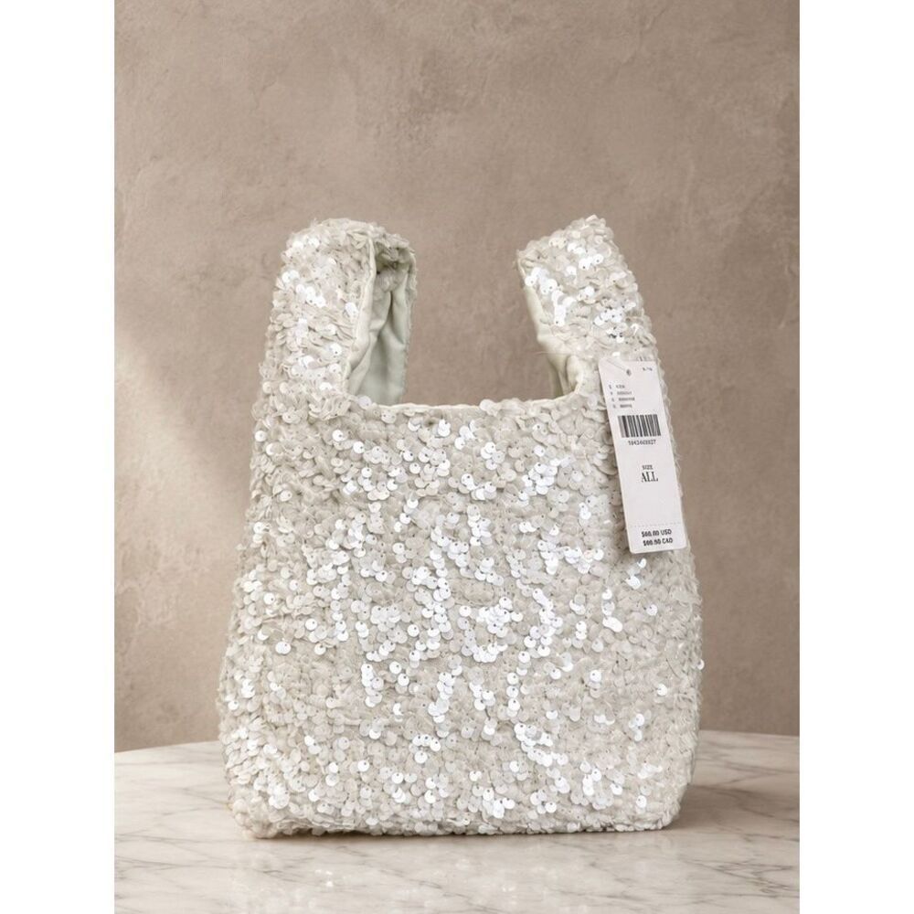 Anthropologie Paillette Sequin Mini Tote Bag White NWT
